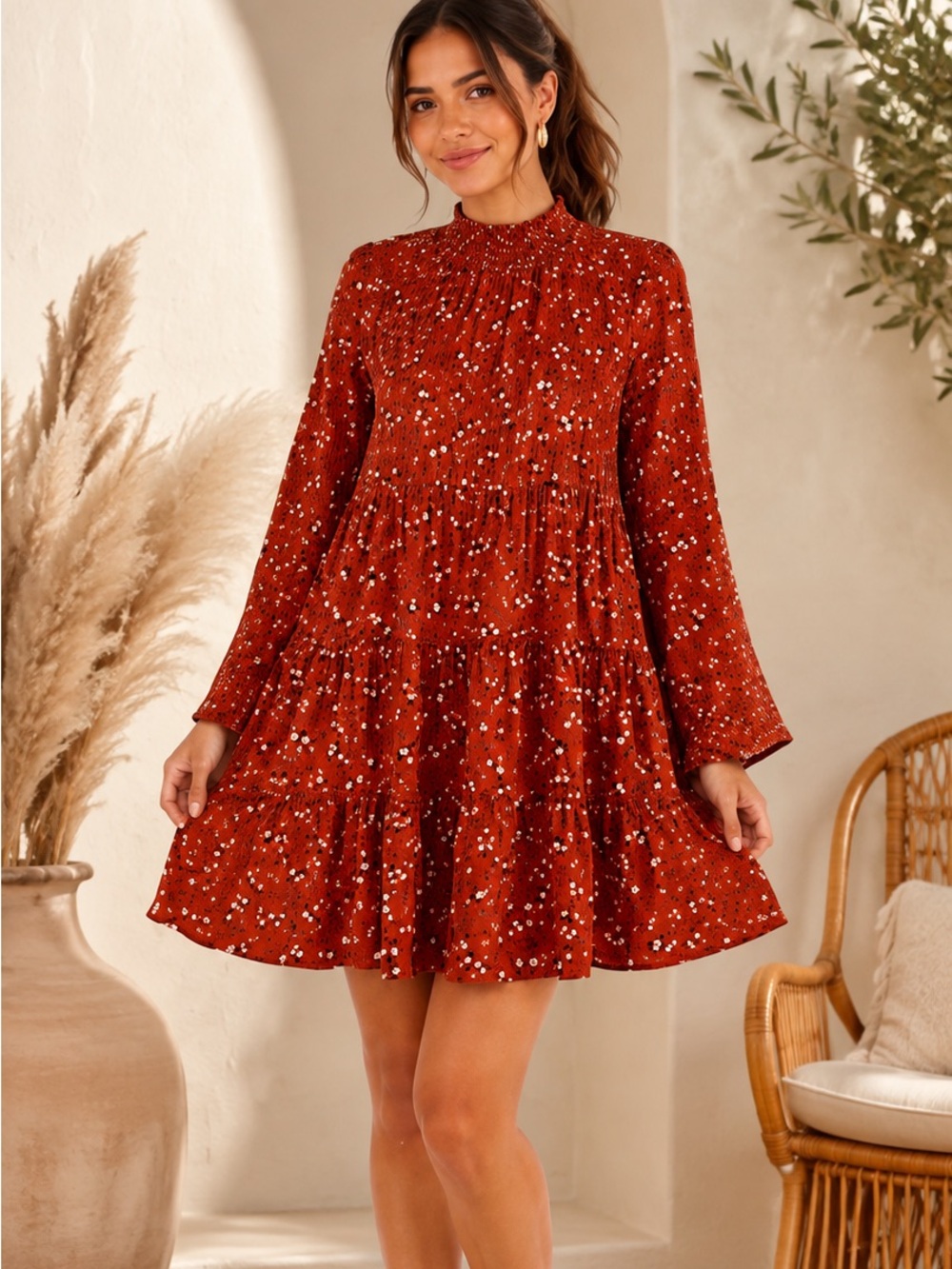 Boho Floral Tiered Mini Dress Rust Orange Size L